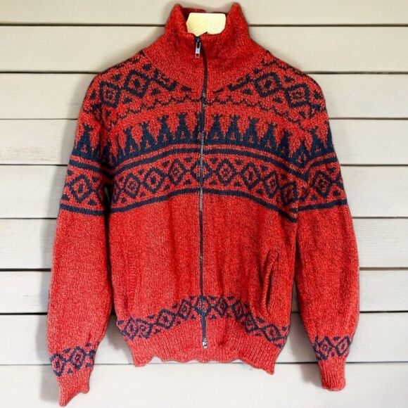 L.L. Bean Sweaters - L.L. Bean Vintage Red Navy Blue Wool Fair Isle Nordic Cardigan Sweater Jacket L